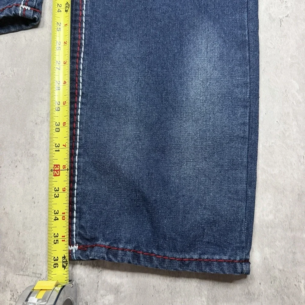 True Religion Jeans Mens 40x36 Blue Denim Straight Leg Flap Pockets Thick Stitch